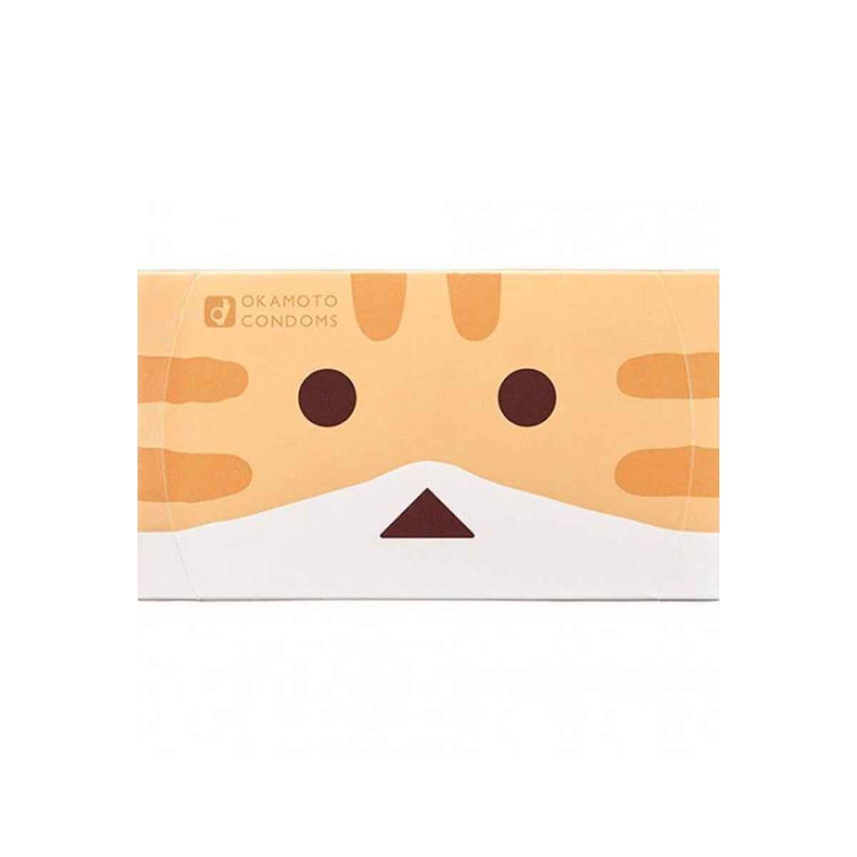A light orange rectangular box of Okamoto condoms features a stylized cartoon cat face. It has darker orange stripes on the top, rounded black eyes, a brown triangular nose, and a white lower face and whiskers. The brand name "OKAMOTO CONDOMS" is printed in small orange letters on the upper left. The overall design is playful and eye-catching.