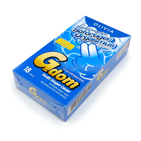 Angled front-side view of the plastic-wrapped Olivia G-dom Swift Finger Cover 18-pack box, displaying bold German text and a two-finger hand graphic against a blue water bubble design.