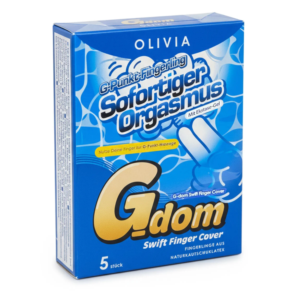 Clean studio shot of the blue Olivia G-dom Swift Finger Cover 5-pack box standing upright at a three-quarter angle against a white background. Main image