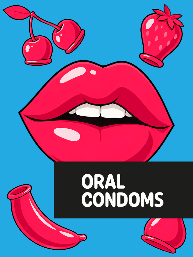 Bright pink lips with stylized fruit and condom elements on a blue background.