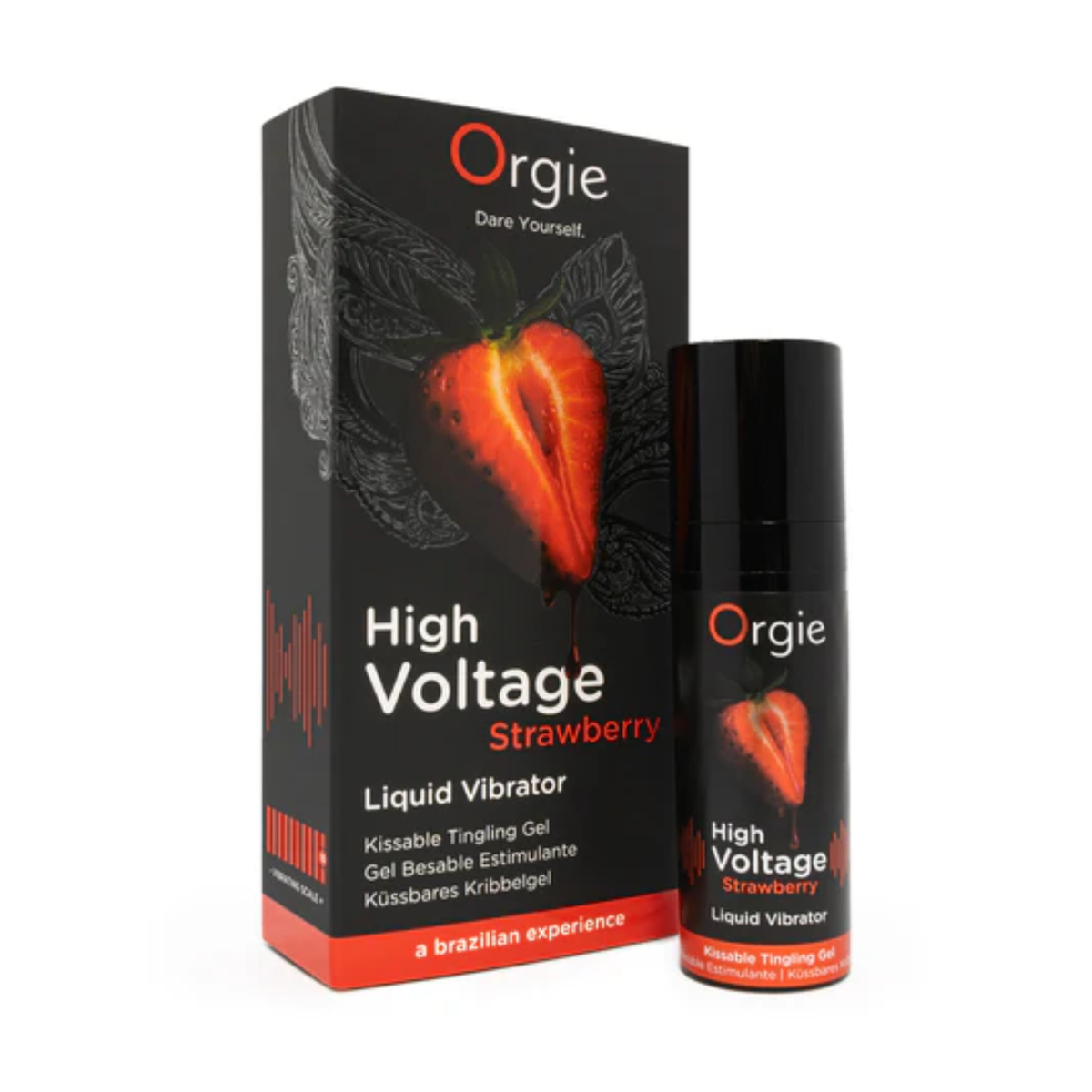 Orgie High Voltage Strawberry Liquid Vibrator bottle and box set in a white background. Main image