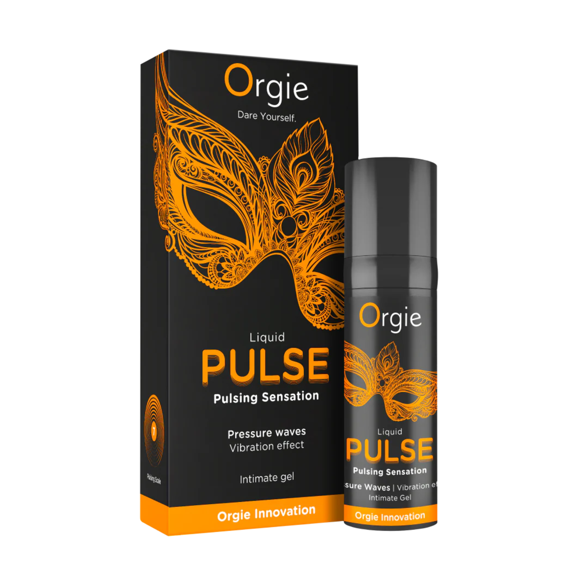 A box and pump bottle for Orgie Liquid Pulse Pulsing Sensation Gel. The design is matte black with a large, ornate orange lace masquerade mask. Text on the box highlights "Pressure waves" and "Vibration effect," labeling it as an "Intimate gel" and part of the "Orgie Innovation" line. Main image