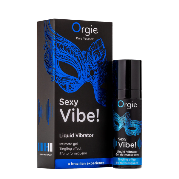 A black box and a small black pump bottle of Orgie Sexy Vibe! Liquid Vibrator Gel, both featuring a blue Venetian mask design and text indicating a 'tingling effect.'