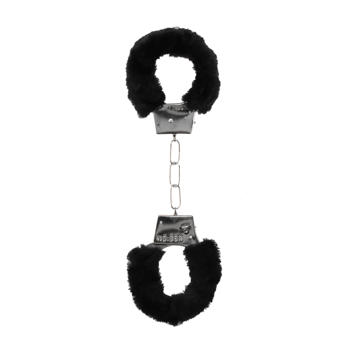Full view of Ouch! Beginner's Furry Handcuffs Black connected by a metal chain.