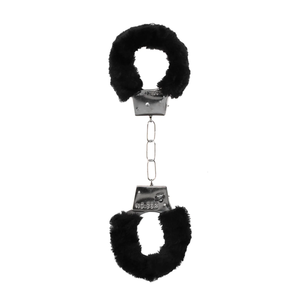 Full view of Ouch! Beginner's Furry Handcuffs Black connected by a metal chain.
