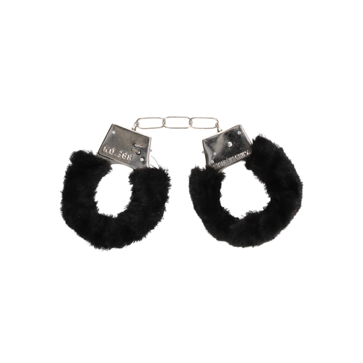 Close-up of Ouch! Beginner's Furry Handcuffs Black, showing the lock mechanism.