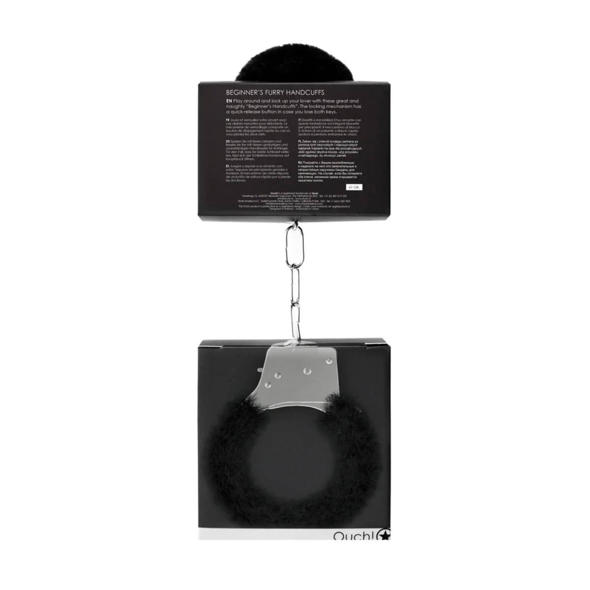 Packaging of Ouch! Beginner's Furry Handcuffs Black with product description in multiple languages.