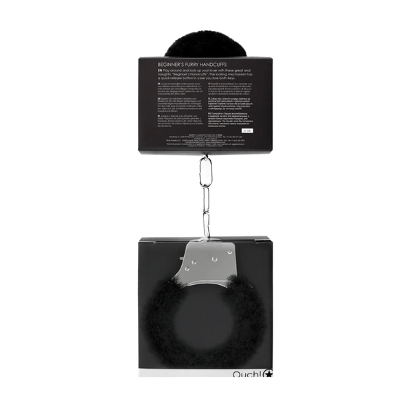 Packaging of Ouch! Beginner's Furry Handcuffs Black with product description in multiple languages.
