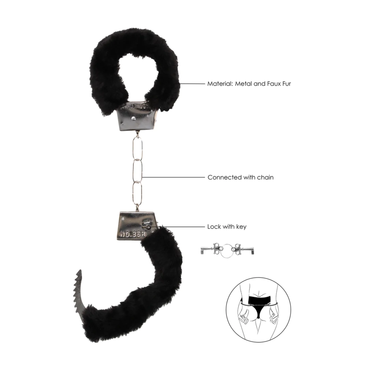 Diagram of Ouch! Beginner's Furry Handcuffs Black showing material, chain, lock, and key.