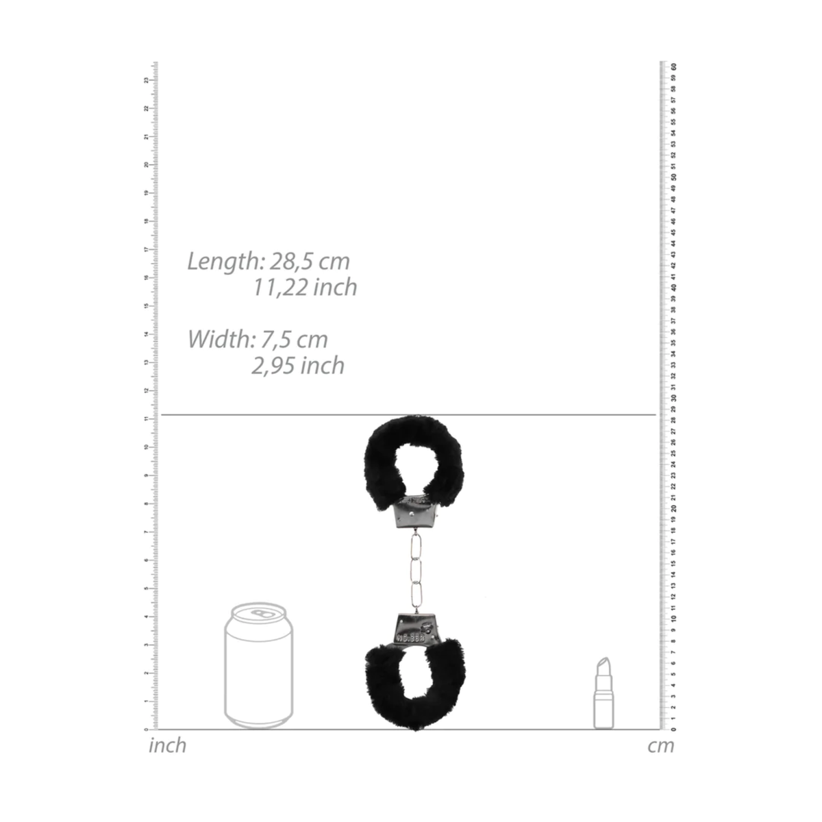 Size comparison and dimensions for the Ouch! Beginner's Furry Handcuffs Black - 28.5cm length, 7.5cm width.