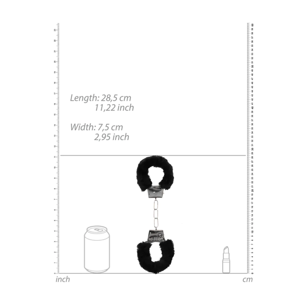 Size comparison and dimensions for the Ouch! Beginner's Furry Handcuffs Black - 28.5cm length, 7.5cm width.