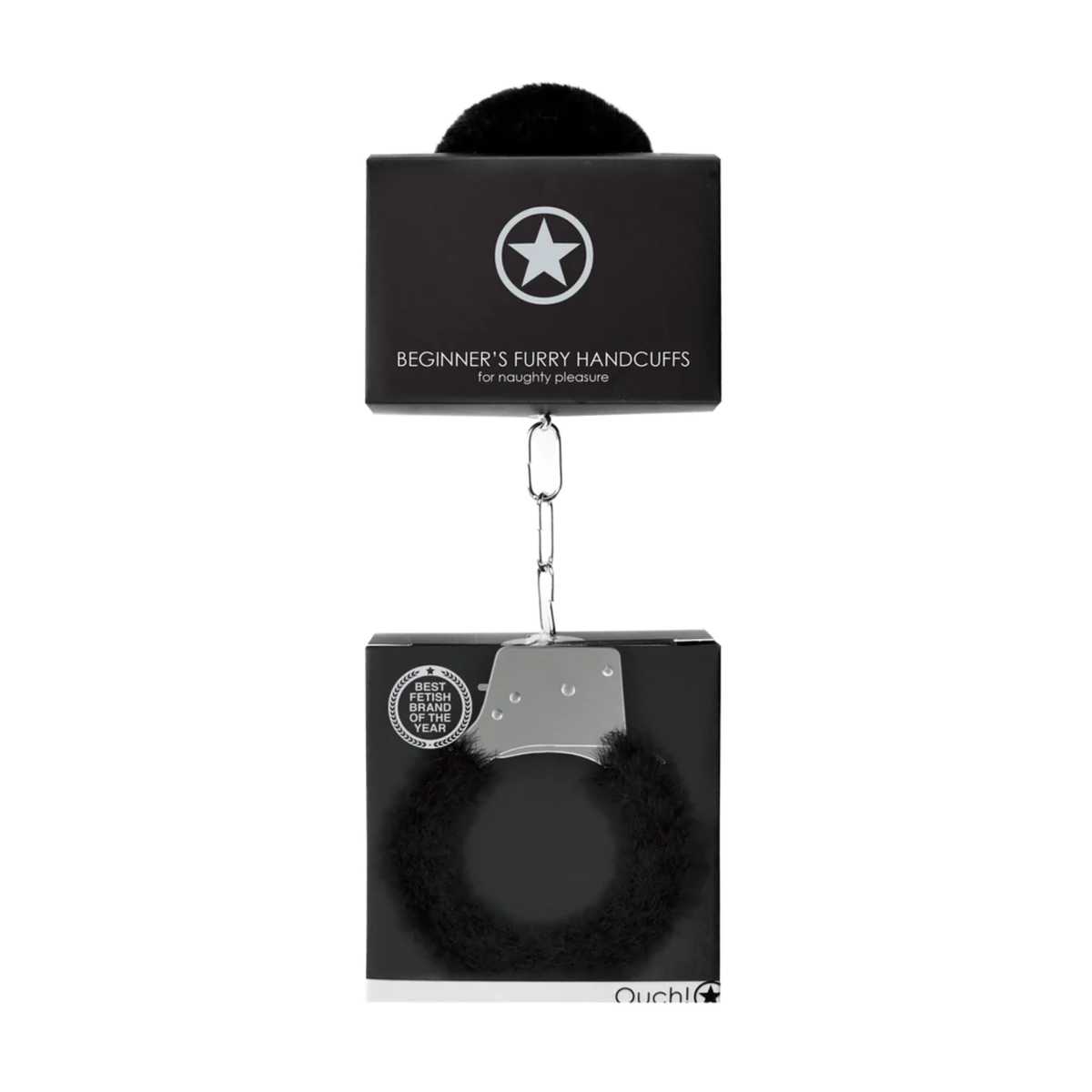 Image of black Ouch! Beginner's Furry Handcuffs Black in packaging. Imagen principal del producto