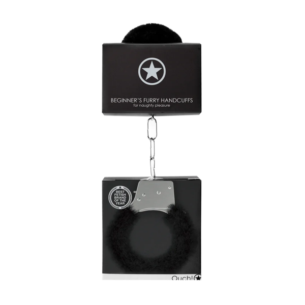 Image of black Ouch! Beginner's Furry Handcuffs Black in packaging.