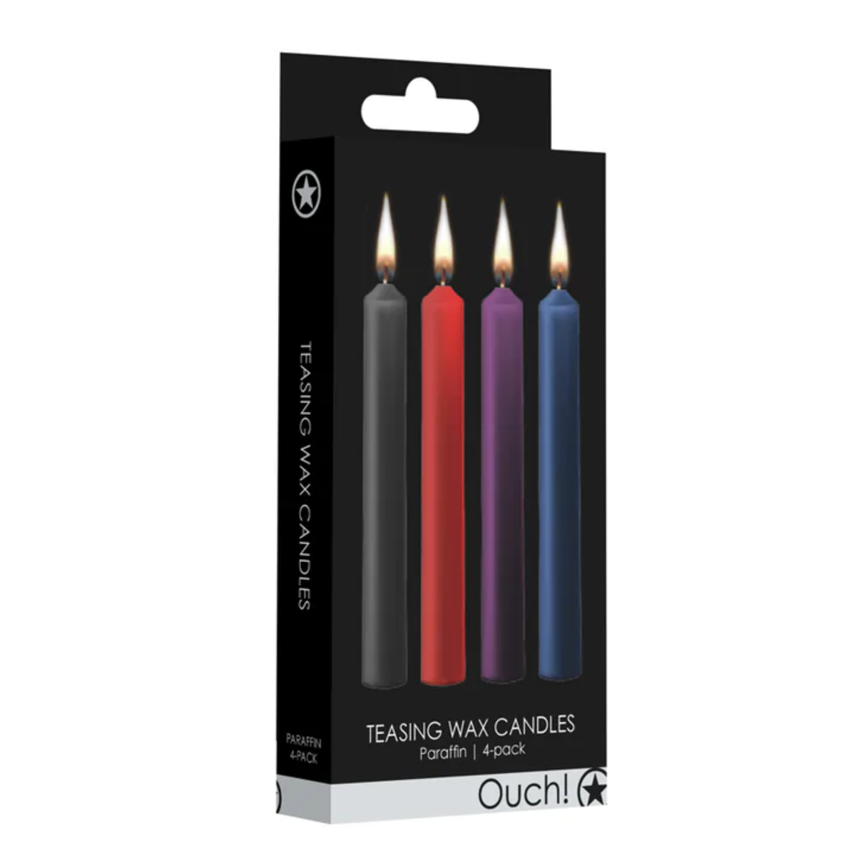 An image of Ouch! Teasing Wax Candles Paraffin 4-Pack, including black, red, purple, and blue teasing wax candles in the retail box. Main image