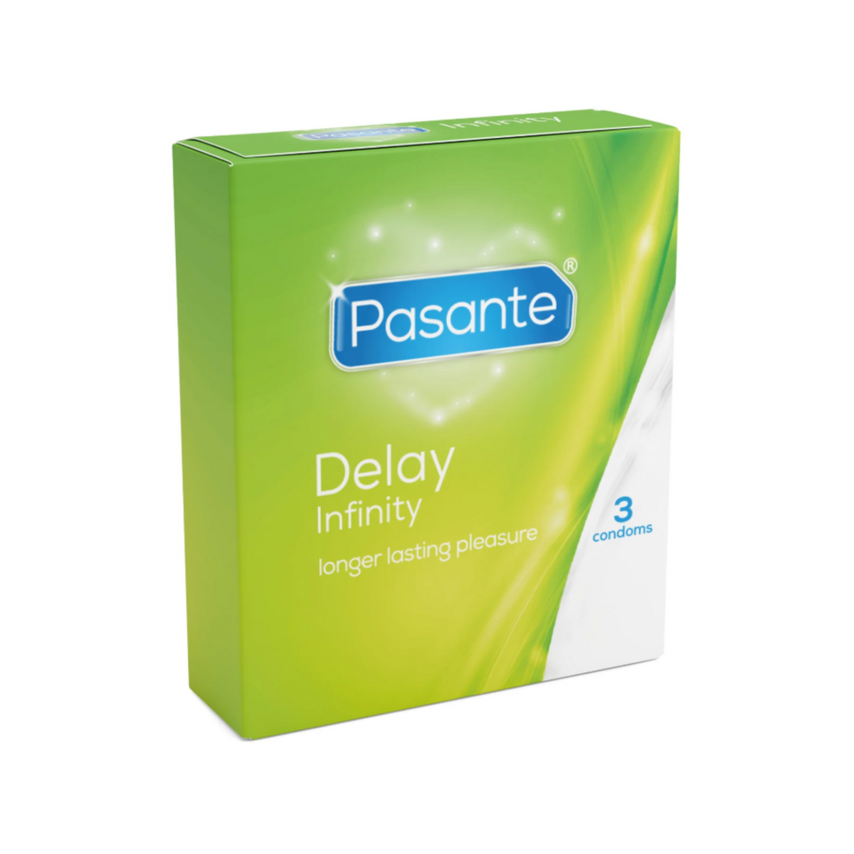 A Pasante Delay Infinity condom box. The box is light green and white. The name "Pasante" is written in blue letters in the middle of the box. Below the name are the words "Delay Infinity". The box contains 3 condoms. Main image