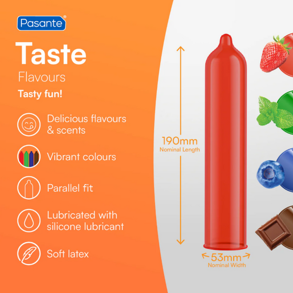 An illustration of a Pasante Taste Flavours condom. To the left are a list of features with icons: "Delicious flavours & scents," "Vibrant colours," "Parallel fit," "Lubricated with silicone lubricant," and "Soft latex." To the right, the dimensions are shown as "190mm Nominal Length" and "53mm Nominal Width." 