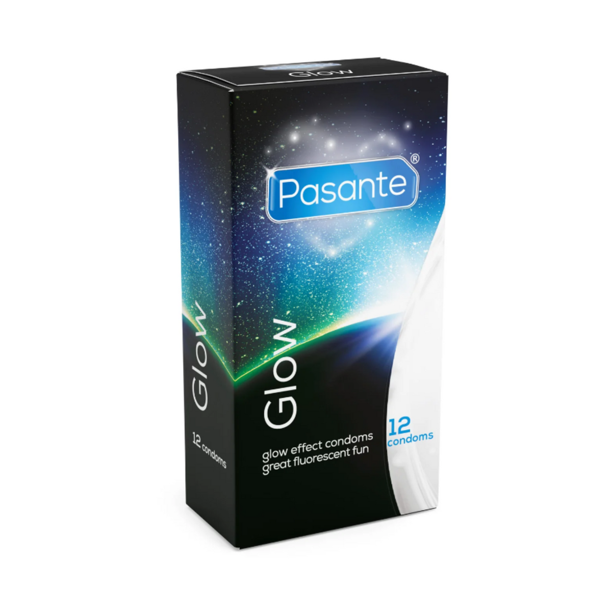 A box of 'Pasante Glow' condoms. The box is black with a glowing, blue and white cosmic design. The box contains 12 condoms. Main image