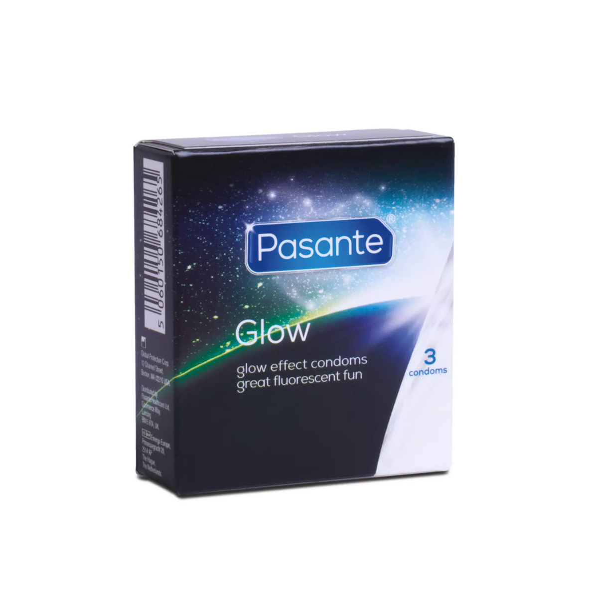 A box of 'Pasante Glow' condoms. The box is black with a glowing, blue and white cosmic design. The box contains 3 condoms.