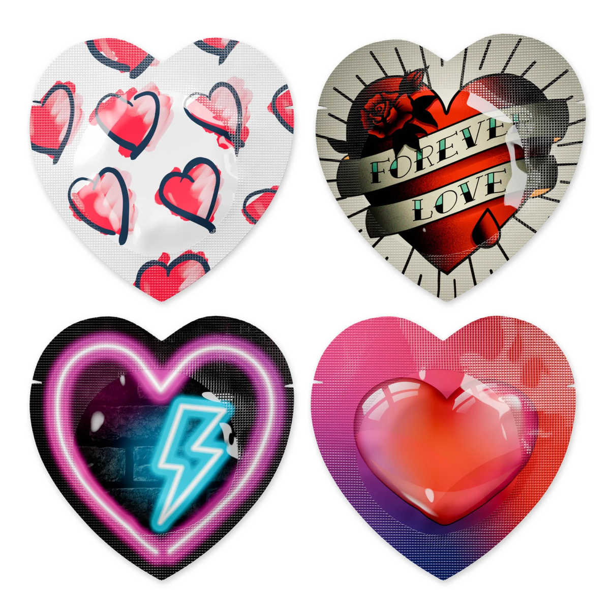 Four colorful heart-shaped Pasante Heart condom foils with themed designs (e.g., neon, tattoo-style). Imagen principal del producto