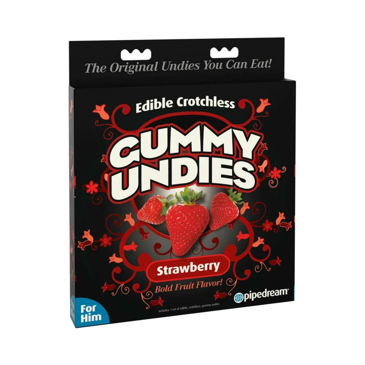 Front packaging perspective view of Pipedream Edible Crotchless Gummy Undies in Strawberry flavor, featuring a black box adorned with red floral scrollwork, fresh strawberry graphics, "The Original Undies You Can Eat!" header, and a pink "For Him" badge in the corner. Main image