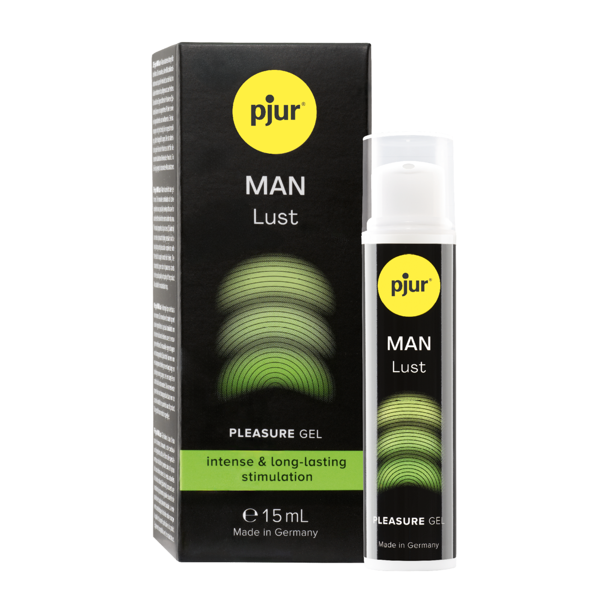Direct studio shot showing the 15 ml (0.5 fl oz) Pjur Man Lust pleasure gel bottle with its clear overcap standing next to its black packaging box. Imagen principal del producto