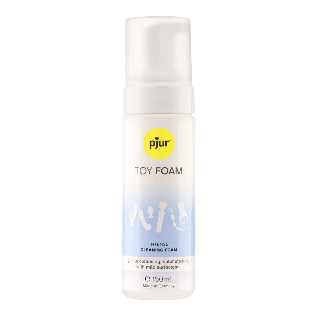 Direct studio shot of the 150 ml (5 fl oz) white pump bottle of Pjur Toy Foam intense cleaning foam with a clear cap. Main image