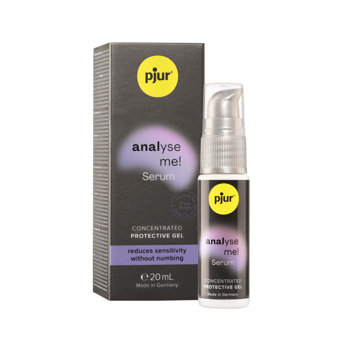 A gray box and a clear pump bottle of pjur "analyse me! Serum" are presented against a white background.  Main image
