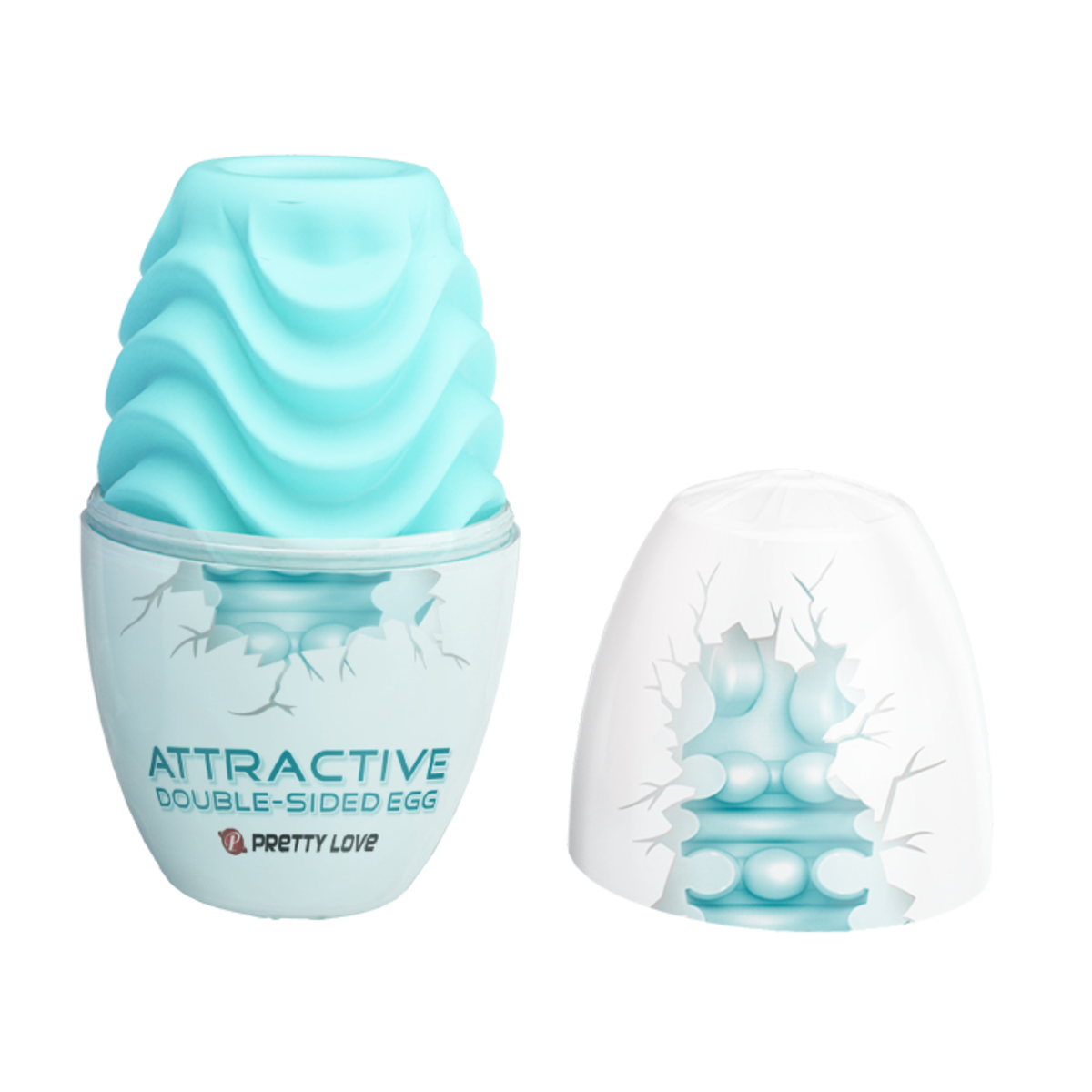 Open packaging shot displaying the top cap of the egg-shaped shell removed to reveal the light blue masturbation sleeve resting inside the base. Main image