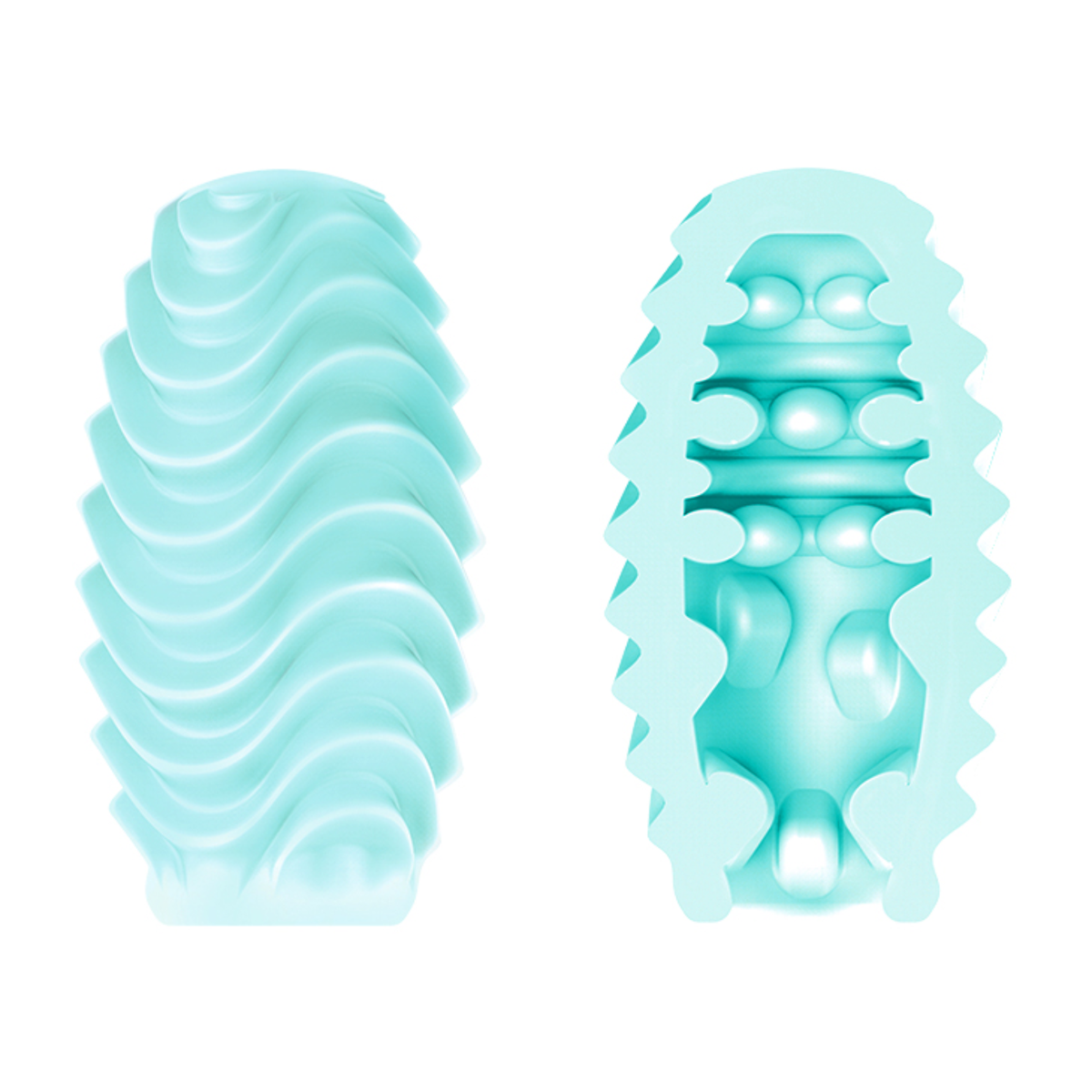 Studio comparison graphic showing the wavy exterior texture of the light blue masturbation egg on the left alongside a cross-section diagram of its internal ribs and nubs on the right.