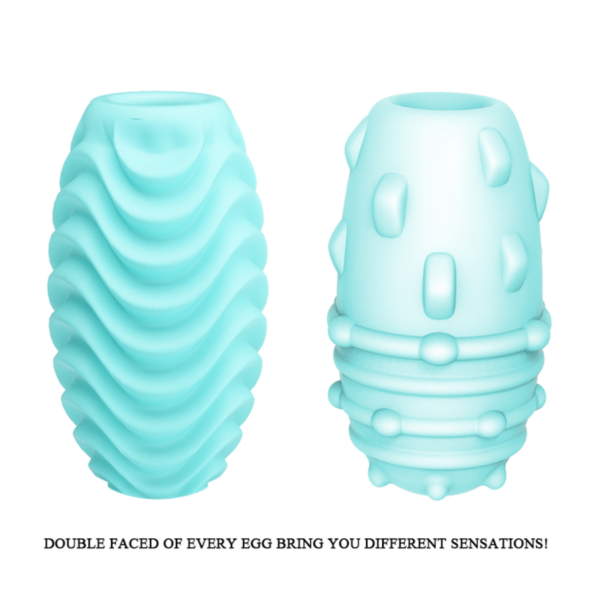 Product graphic demonstrating both reversible sides of the light blue egg, featuring its wavy ribbed side on the left and its dotted/ridged pattern on the right above text reading "DOUBLE FACED OF EVERY EGG BRING YOU DIFFERENT SENSATIONS!".