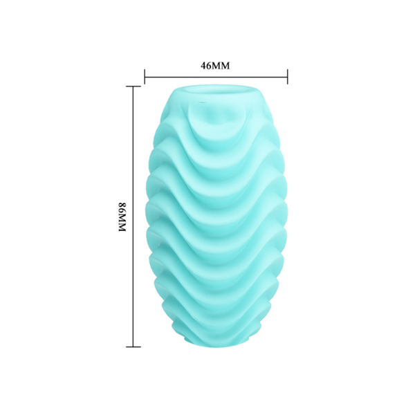 Dimension graphic showing the light blue wavy masturbation sleeve with height measurement markings of 86 mm and a top width of 46 mm.