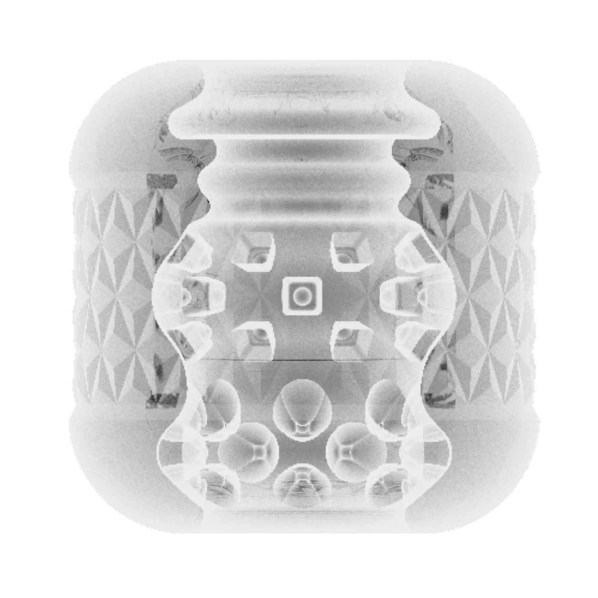 Cross-section view of the clear Cory male masturbator sleeve, showcasing its multi-textured internal canal with ribbed, dotted, and nubbed chambers.