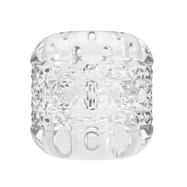 Side profile shot of the compact, clear Crystle masturbator sleeve highlighting its geometric diamond-patterned center band.