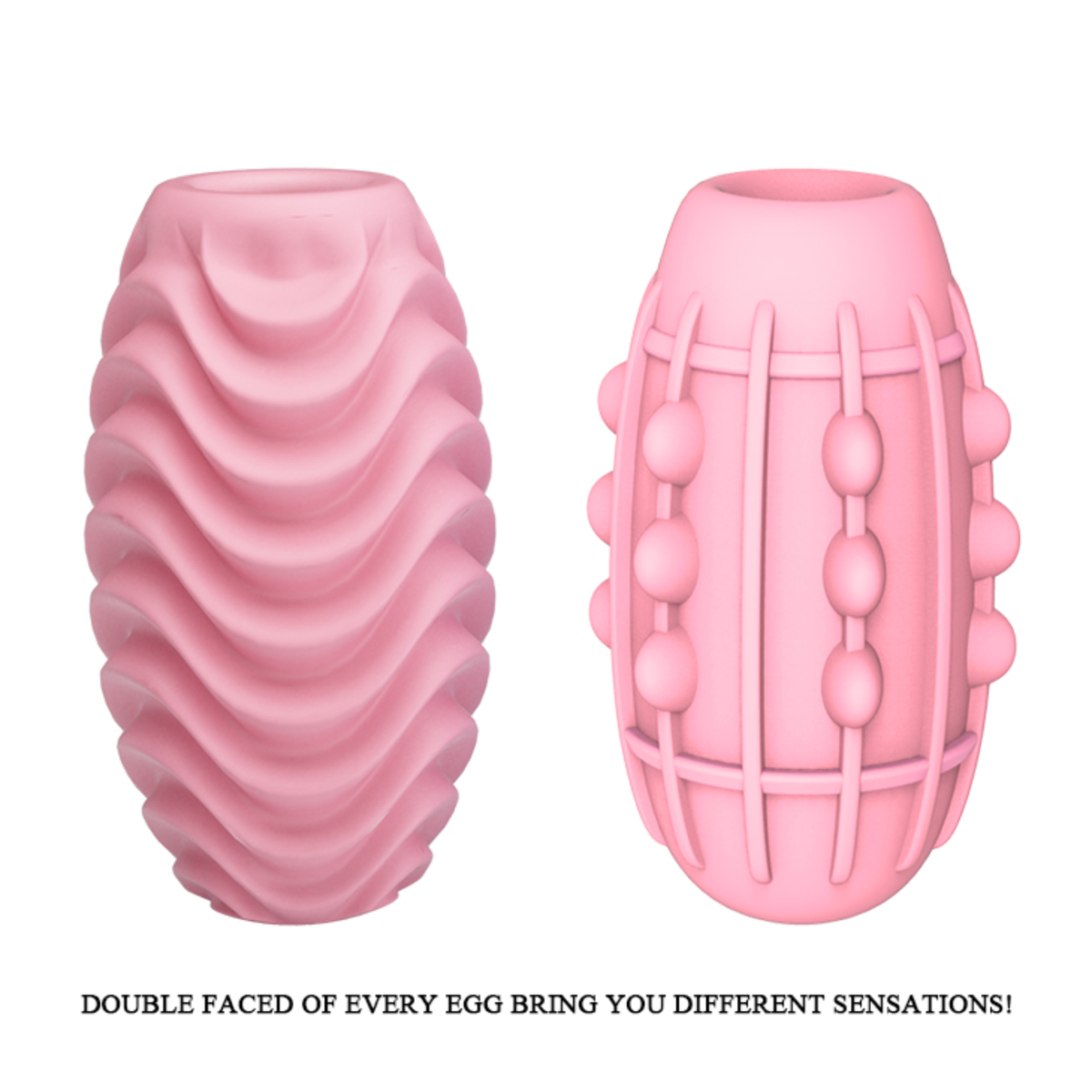 Product graphic showing both reversible sides of the pink egg, showcasing its wavy ribbed side on the left and its dotted cage pattern on the right above text reading "DOUBLE FACED OF EVERY EGG BRING YOU DIFFERENT SENSATIONS!".