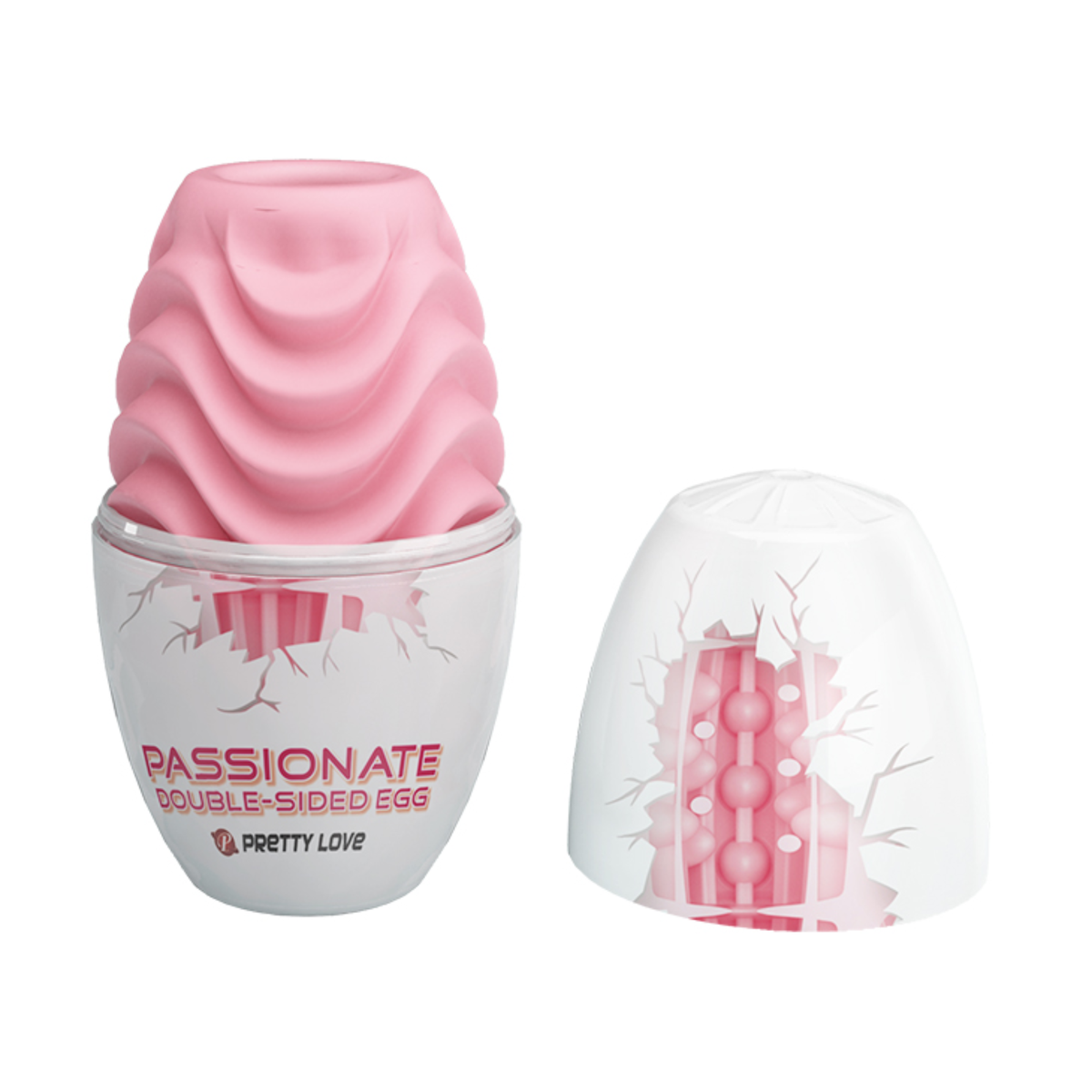 Open packaging shot showing the top half of the egg-shaped shell removed to reveal the flexible pink masturbation egg resting inside the base. Main image