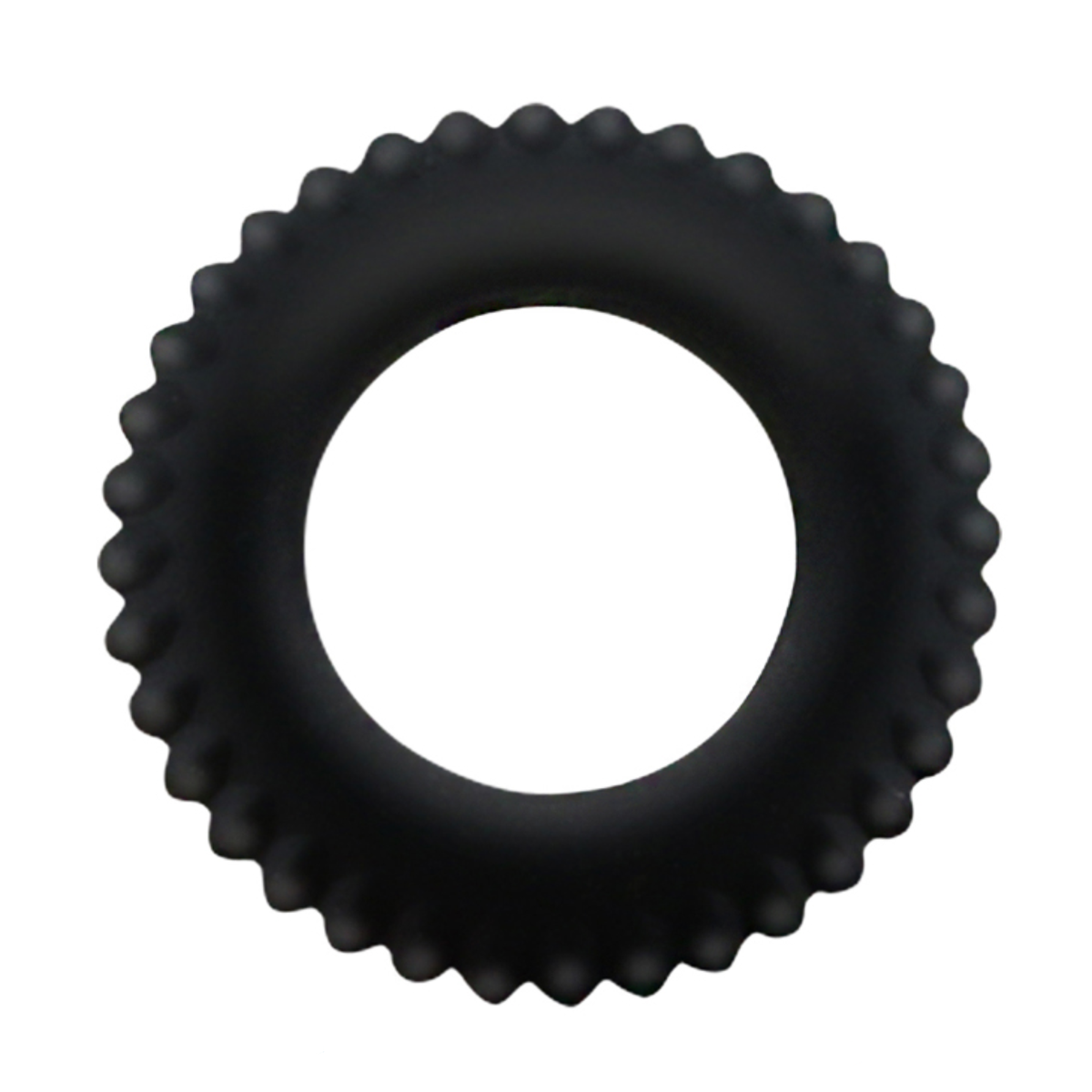 Front studio shot of the black silicone Titan cock ring isolated on a white background, highlighting its bumpy, textured outer edge.