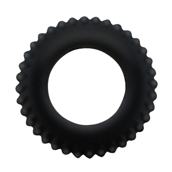 Front studio shot of the black silicone Titan cock ring isolated on a white background, highlighting its bumpy, textured outer edge.