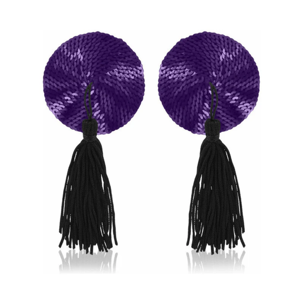 Pair of round purple sequined nipple pasties featuring long, dangling black tassels attached to the center.