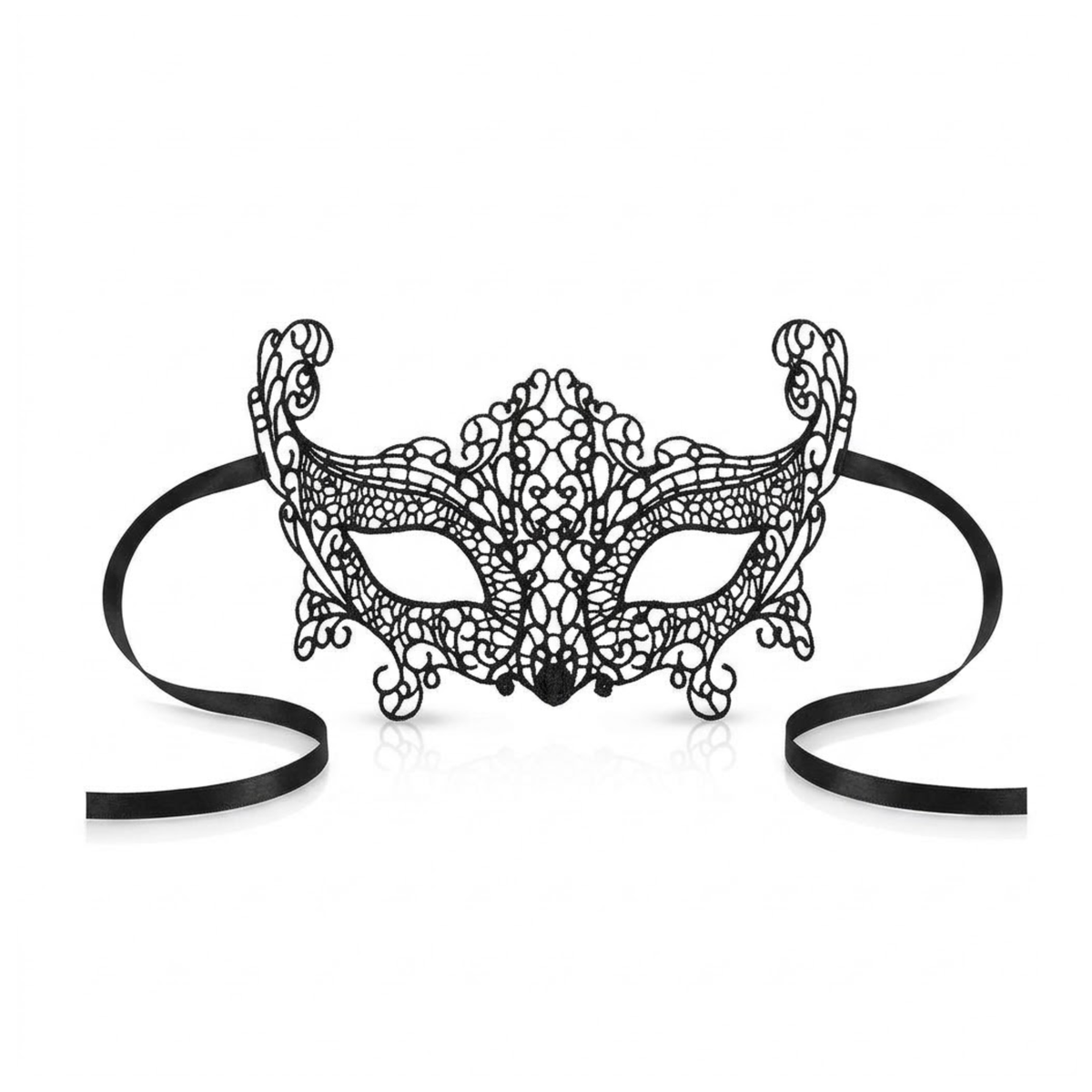 Intricate black lace masquerade eye mask with filigree patterns and black satin side ribbon ties.