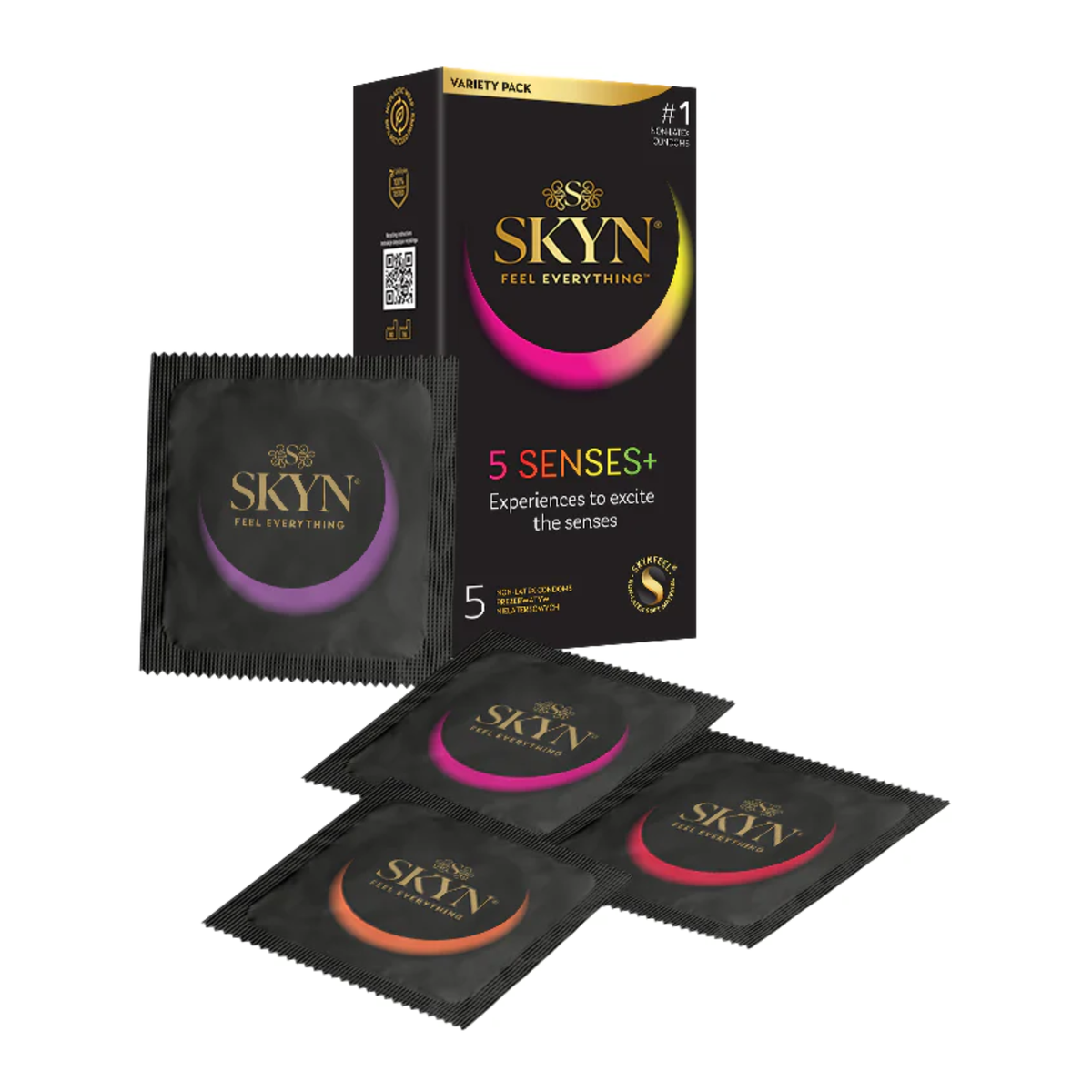Front view of a black SKYN 5 Senses+ variety pack box with four individual condom foils in purple, pink, and orange displayed in front. Main image