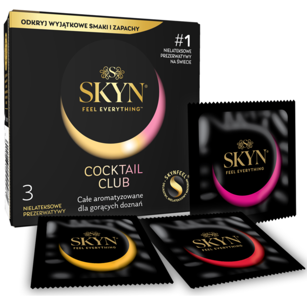 A side view of SKYN Cocktail Club Box of 3 with the three individually wrapped condoms.  Imagen principal del producto