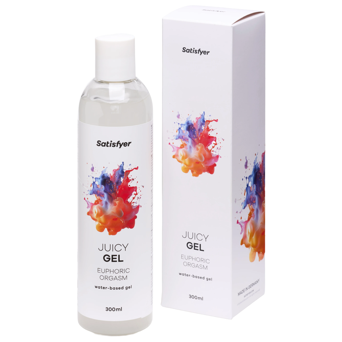 Packaging display showing the 300 ml clear bottle of Satisfyer Juicy Gel Euphoric Orgasm standing next to its white box featuring a colorful paint splash design. Main image