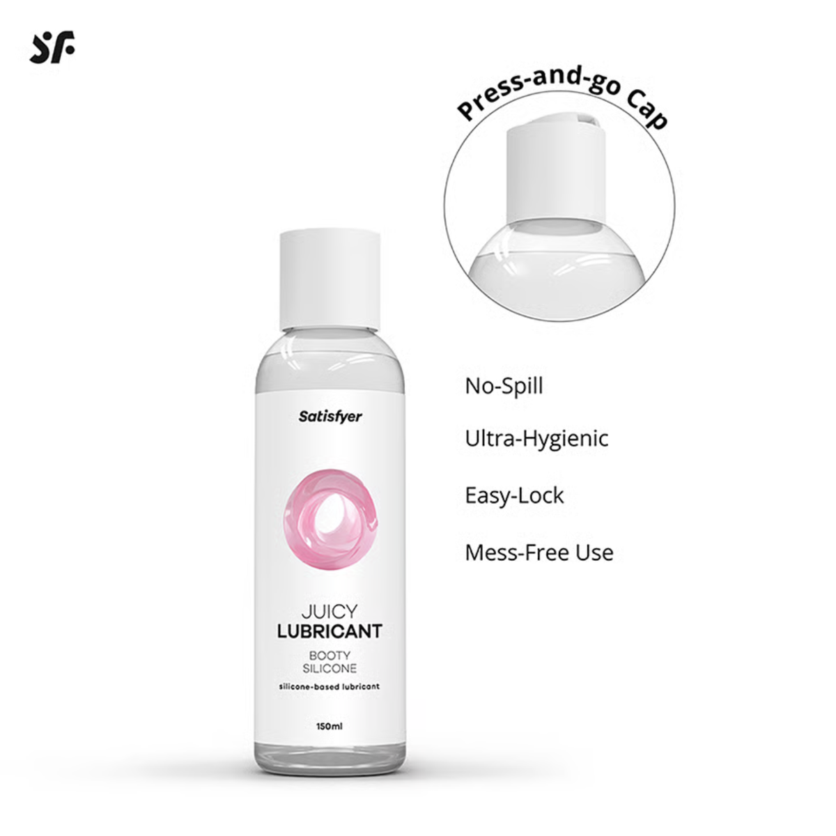 Feature graphic of the 150 ml Satisfyer Booty Silicone Lubricant bottle with an inset circle detailing its press-and-go cap, leak-proof design, and mess-free application.