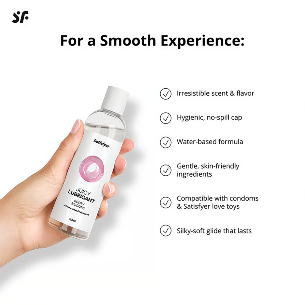 Infographic featuring a hand holding the 150 ml Satisfyer Booty Silicone Lubricant bottle beside a list of product features and benefits.