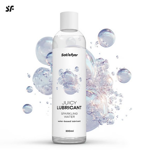Studio product shot of the 300 ml Satisfyer Juicy Lubricant Sparkling Water bottle surrounded by iridescent water bubble graphics.