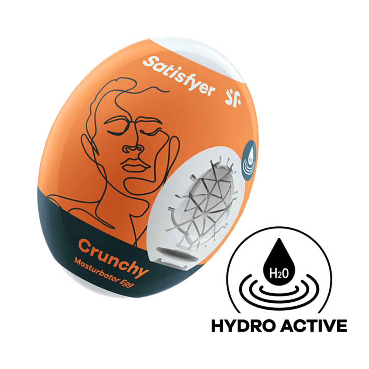 Studio product shot of the orange and dark slate Satisfyer Crunchy Masturbator Egg packaging, displaying a cutaway to the geometrically textured white inner sleeve and a circular "Hydro Active" icon below. Main image