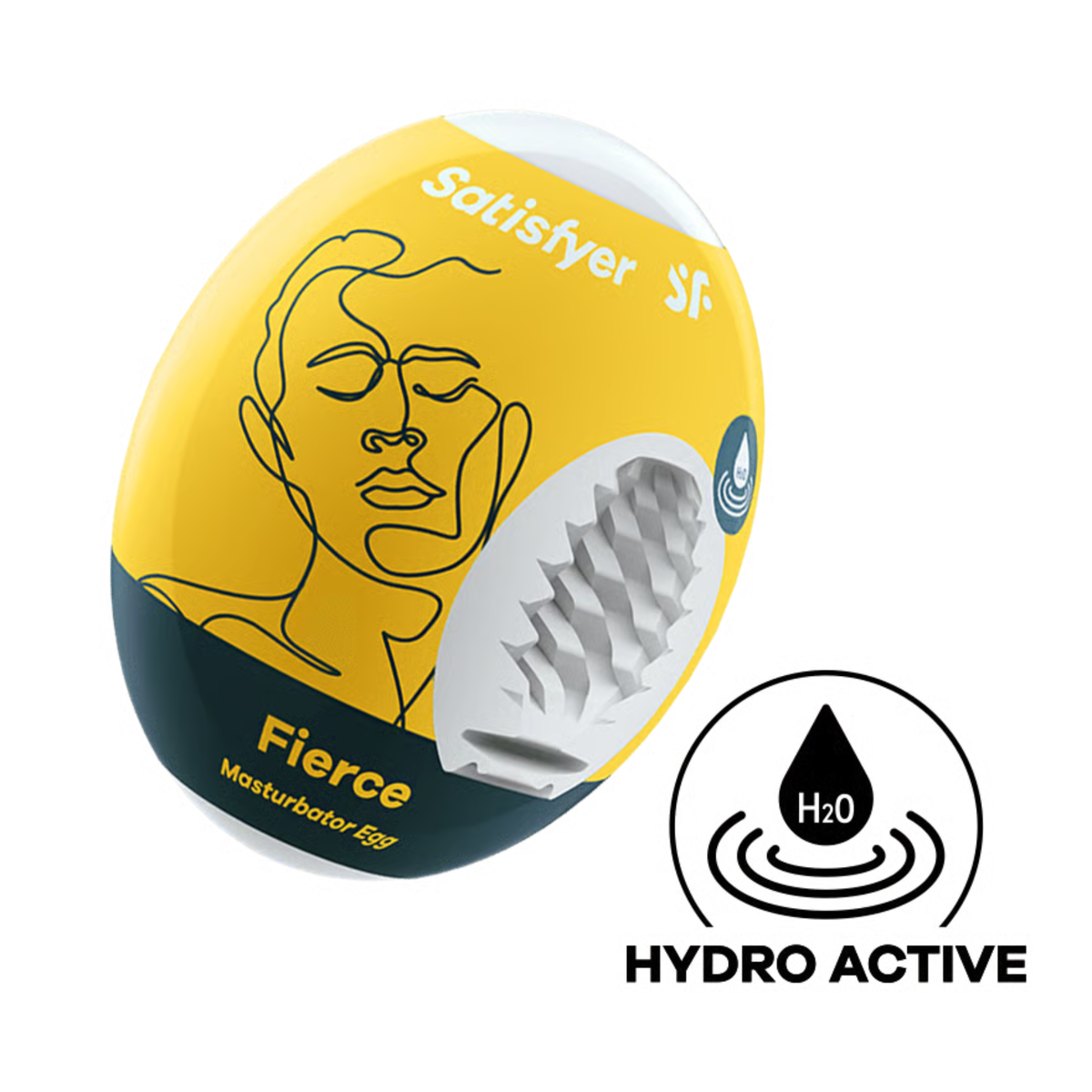 Studio product shot of the yellow and dark slate Satisfyer Fierce Masturbator Egg packaging, displaying a cutaway to the spiral-textured white inner sleeve and a circular "Hydro Active" icon below. Main image