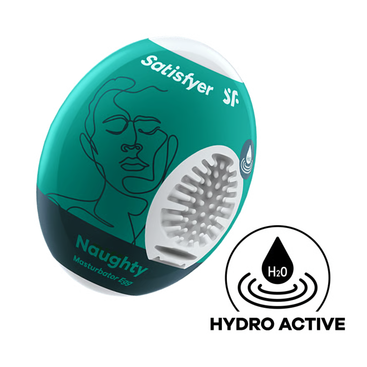 Studio product shot of the teal and dark slate Satisfyer Naughty Masturbator Egg packaging, displaying a cutaway to the spiky-textured white inner sleeve and a circular "Hydro Active" icon below. Main image