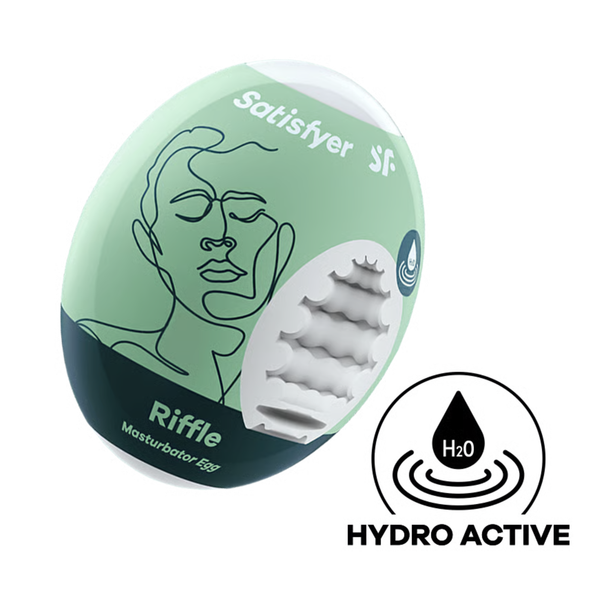 Studio product shot of the mint-green and dark teal Satisfyer Riffle Masturbator Egg in its packaging, with a cutaway showing the white inner sleeve texture and a circular "Hydro Active" icon below. Main image