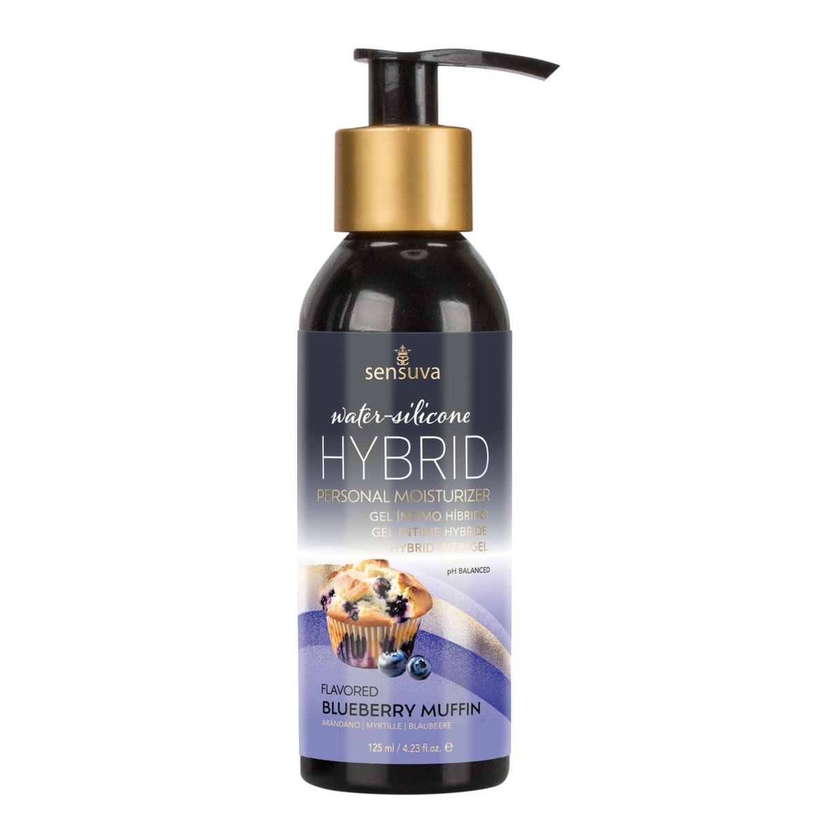 Front view of the larger 125 ml Sensuva Hybrid personal moisturizer bottle with a black pump dispenser and gold collar. The label features a blueberry muffin graphic alongside the text "Flavored Blueberry Muffin."